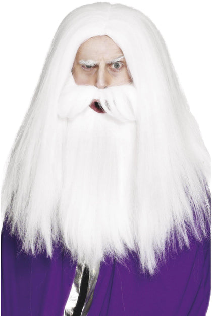 Person wearing a long white wig and beard with a purple garment.