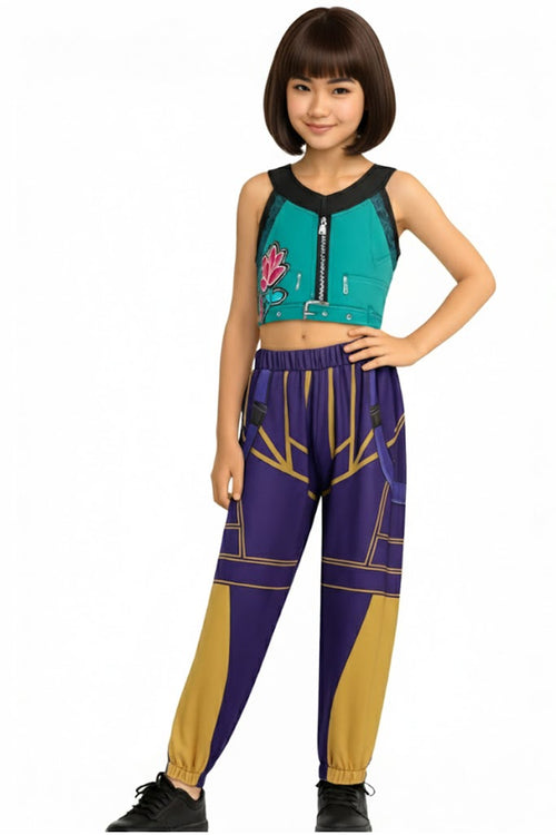 Child wearing a colorful outfit with a green top and purple pants on a white background