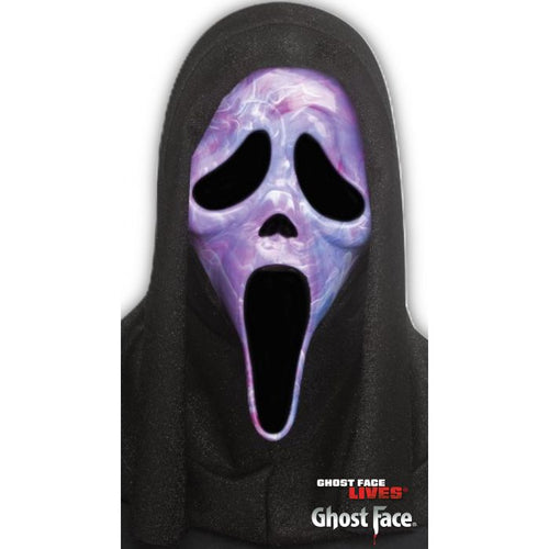 Black hooded sweatshirt with a purple ghost face mask design on a white background