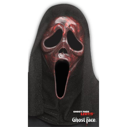 Black hooded mask with red and white design, featuring 'Ghost Face Lives' text.