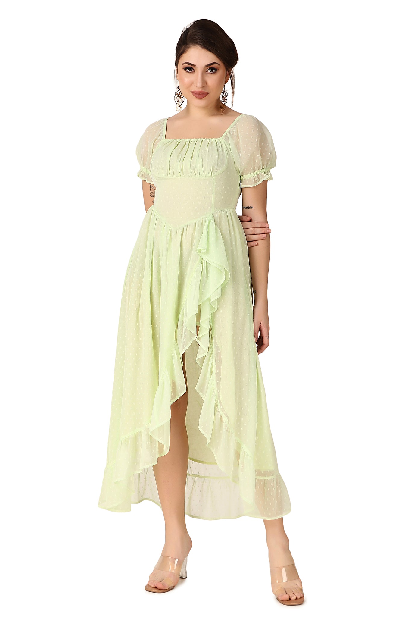 green emerald velvet dress Flowy Tulle Sage Green Cottagecore Dress with Sleeves