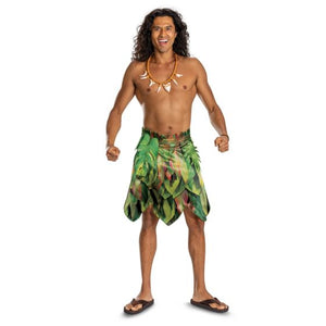 Man wearing a tropical costume with a green leafy skirt on a white background