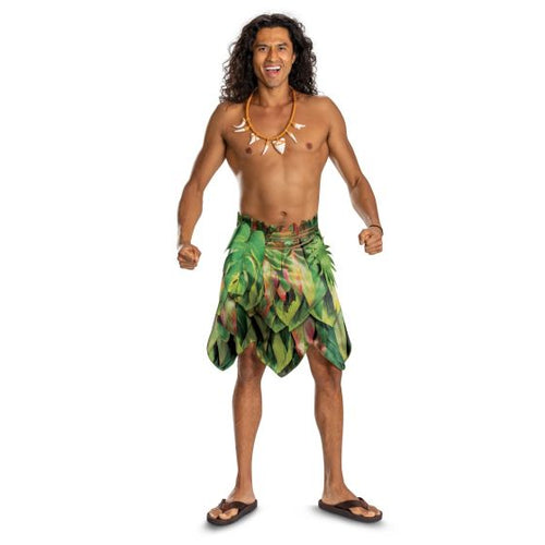 Man wearing a tropical costume with a green leafy skirt on a white background