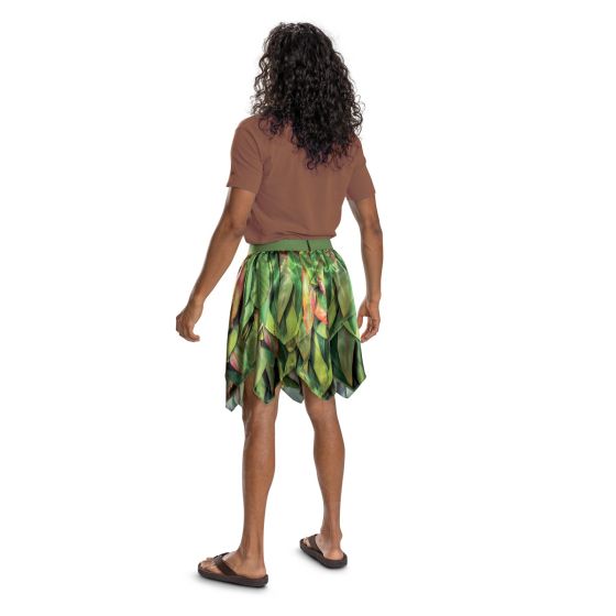 Person wearing a brown shirt and green floral skirt on a white background