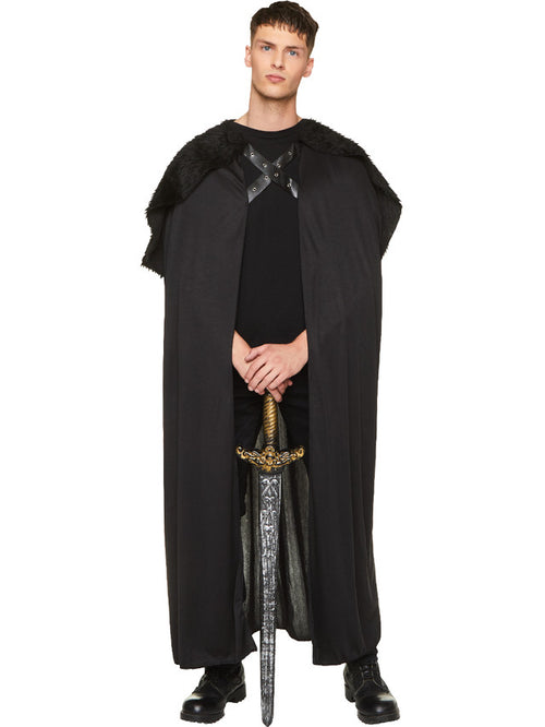 Person wearing a black robe with a hood and holding a sword on a white background