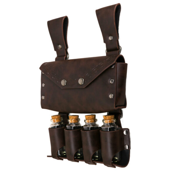 Brown leather holster with four bottle holders on a white background