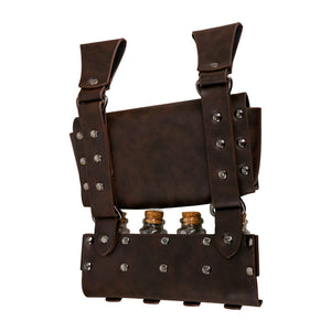 Brown leather harness with bottle holders on a white background