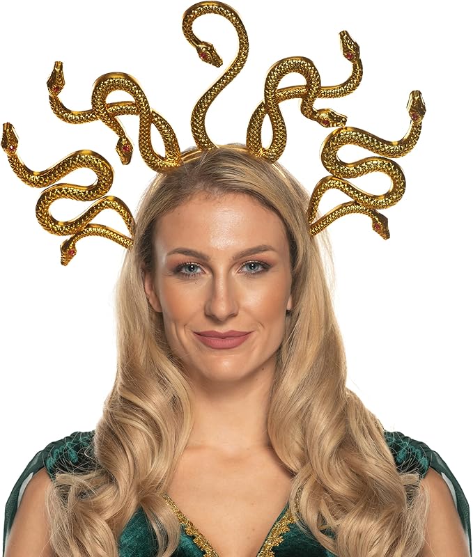 Woman wearing a gold snake headpiece on a white background
