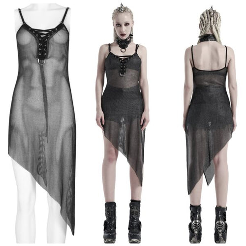 Black sheer dress with lace-up front on a mannequin and model, with a white background.
