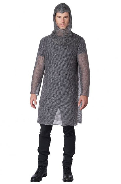 Person wearing a chainmail shirt and black pants on a white background