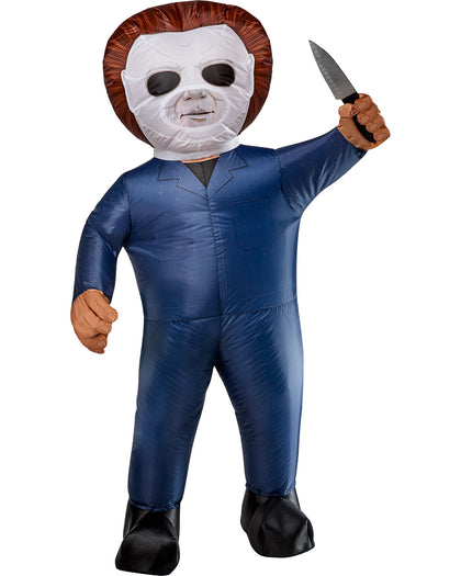 Inflatable costume of a character in a blue jumpsuit with a white mask and brown hair, holding a knife.