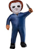 Inflatable costume of a character in a blue jumpsuit with a white mask and brown hair, holding a knife.