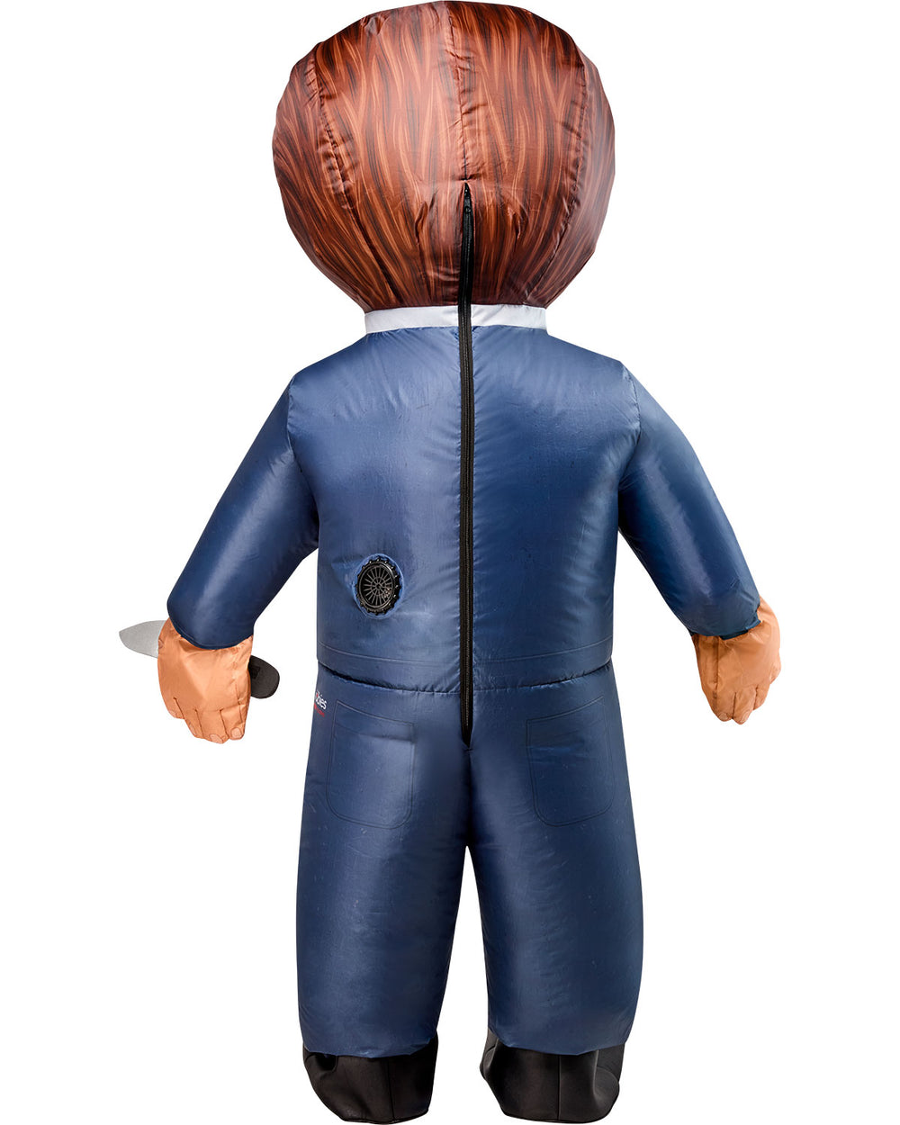 Toy figure with a blue suit and brown hair on a white background