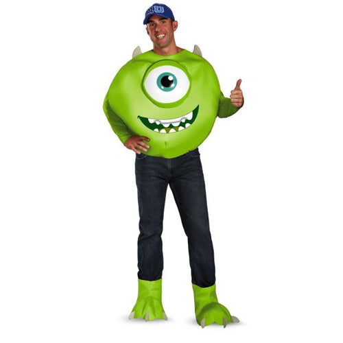 Person wearing a green inflatable costume with one eye and giving a thumbs-up on a white background