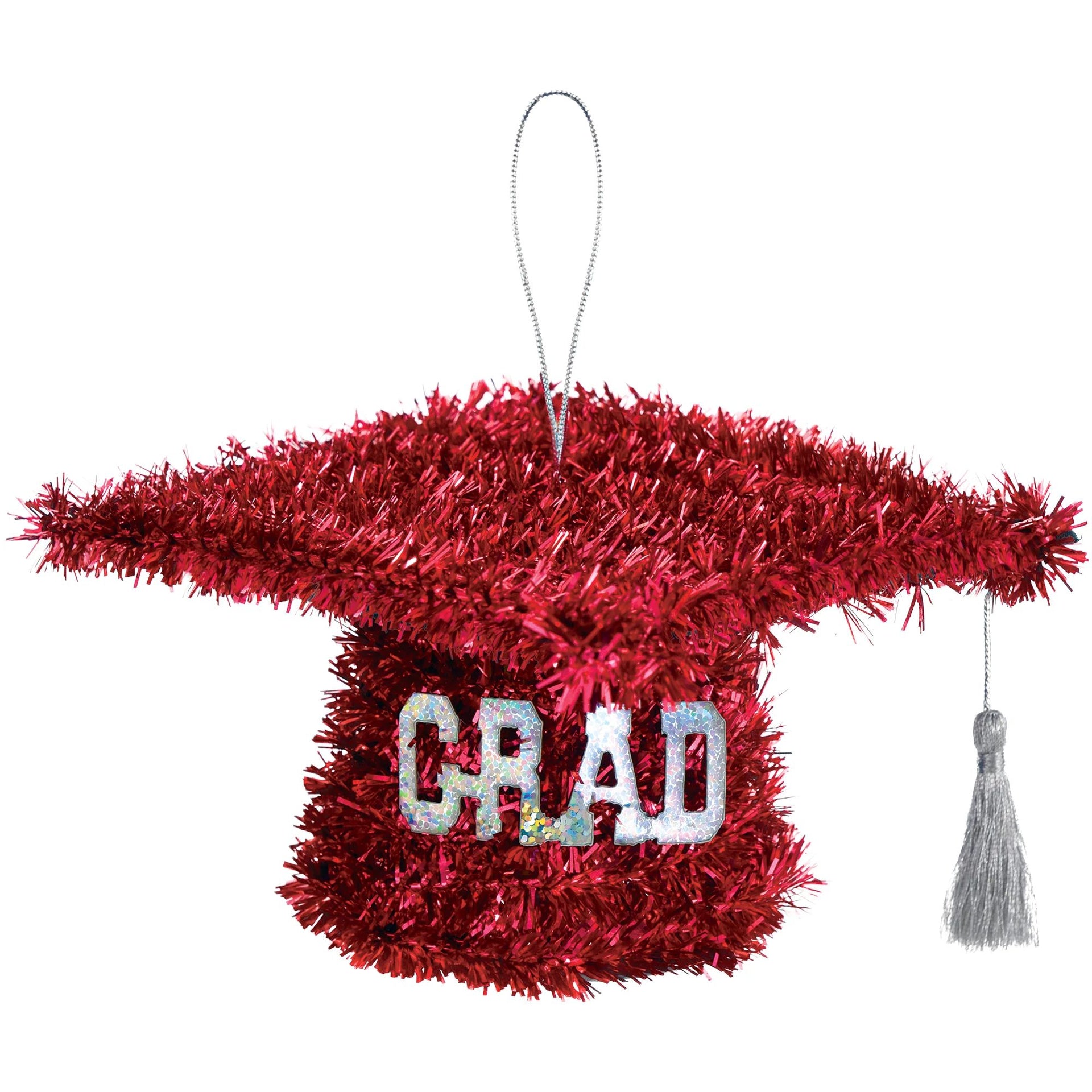 Red tinsel graduation cap ornament with 'GRAD' text on a white background