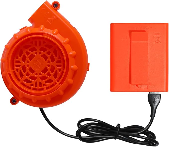 Orange blower motor with black power cord on a white background