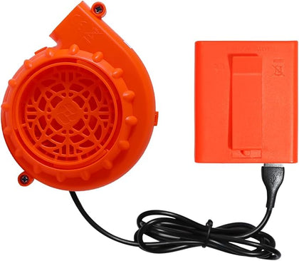 Orange blower motor with black power cord on a white background