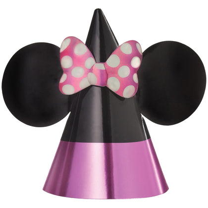 Includes eight hats featuring a classic Minnie Mouse design with ears and bow, in a two-tone color scheme of pink and black. Great as party favors for a kids birthday
