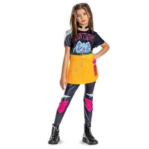 Child wearing a costume with a yellow skirt, black and pink leggings, and a black shirt with colorful graphics on a white background.