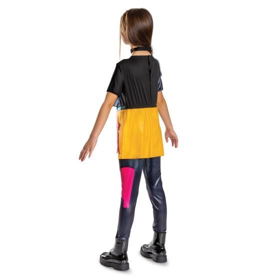 Person wearing a colorful outfit with a black, yellow, and pink design on a white background