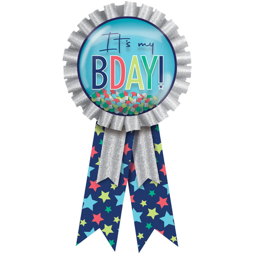 Birthday ribbon with colorful stars and 'It's my BDAY!' text on a blue background