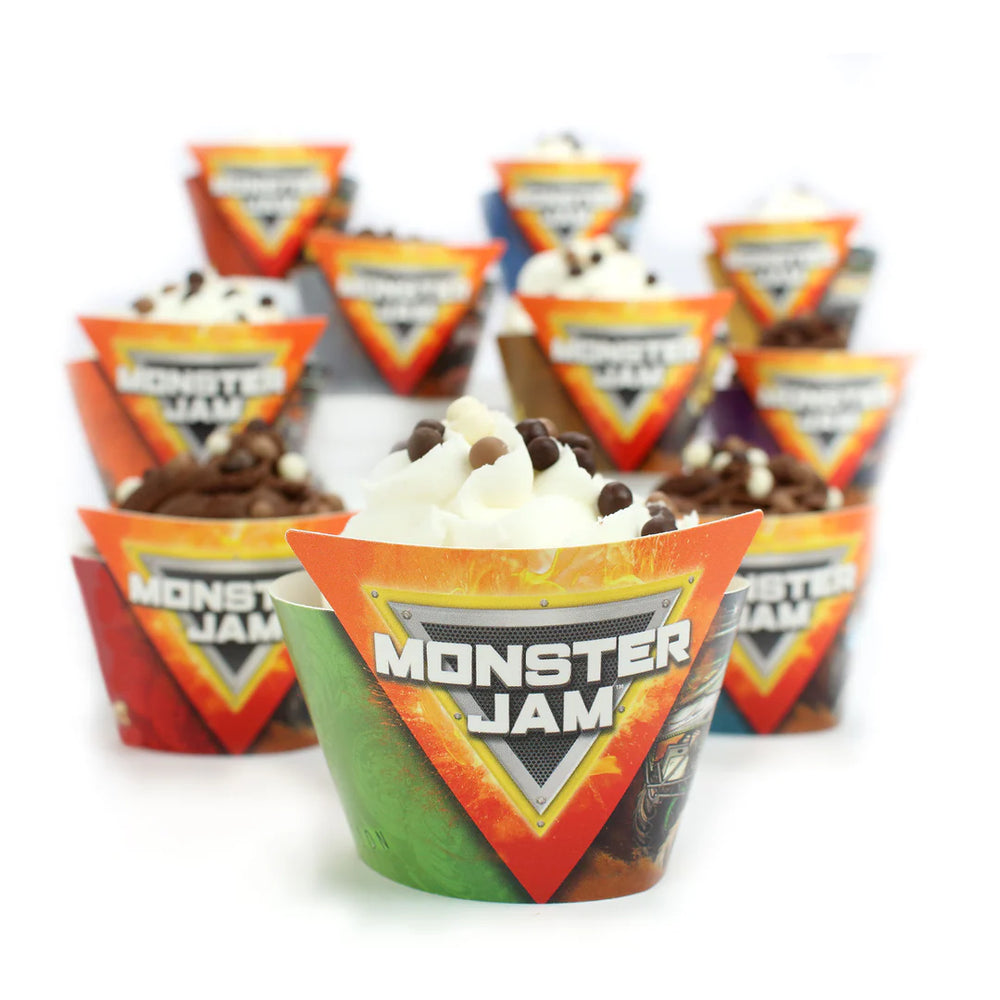Cupcakes in Monster Jam-themed wrappers on a white background