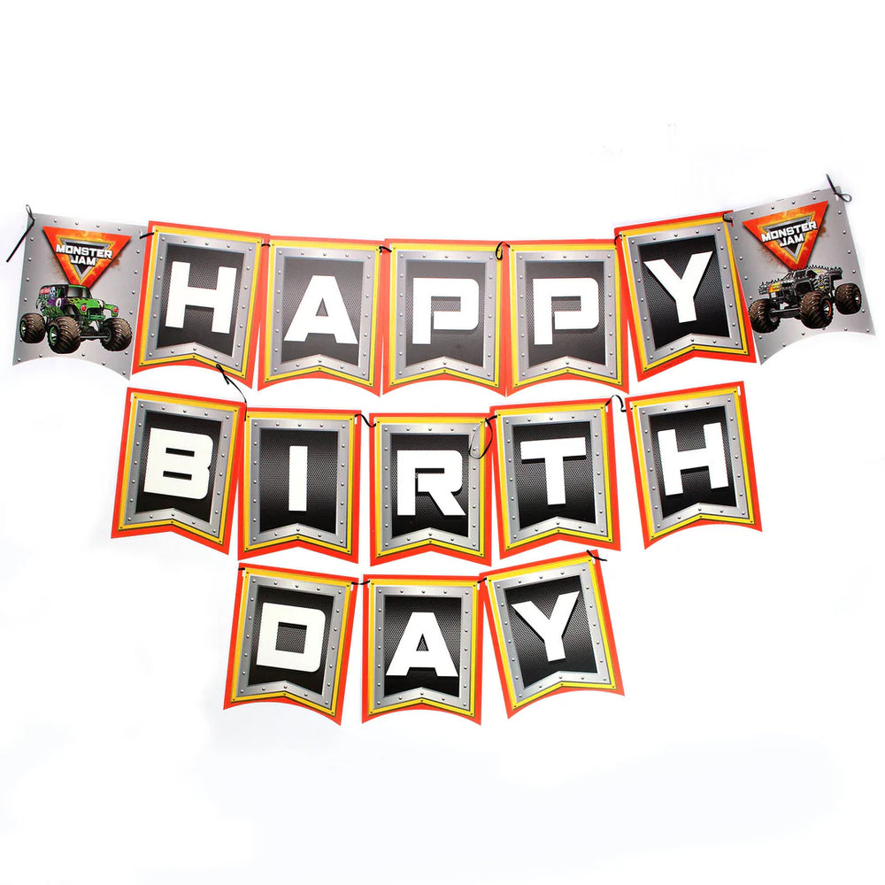 Monster truck-themed 'Happy Birthday' banner with colorful design on a white background