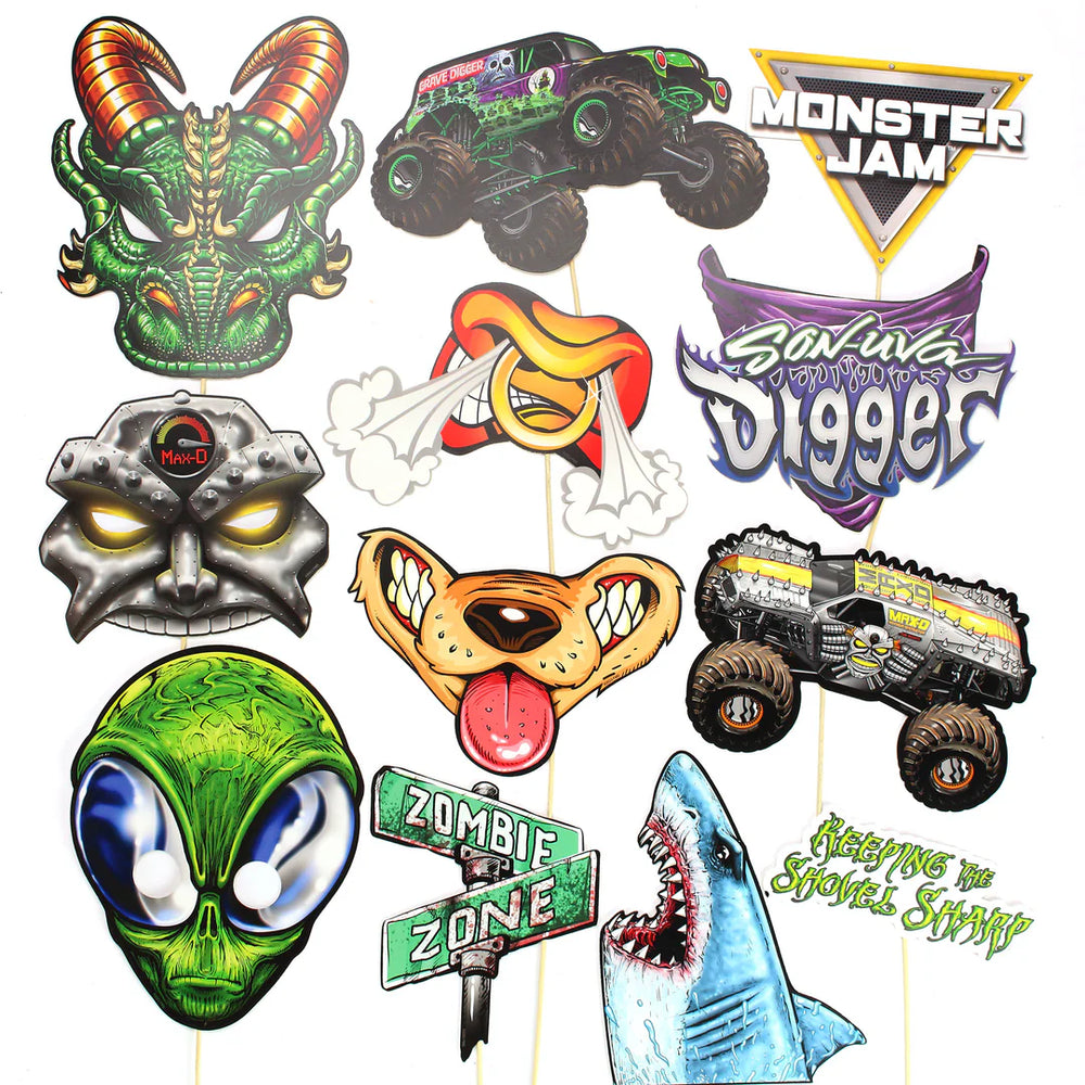 Collection of colorful monster truck and vehicle-themed cutouts with various designs and text on a white background.