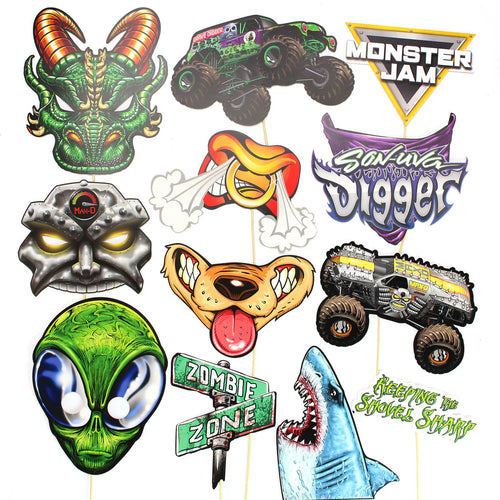 Collection of colorful monster truck and vehicle-themed cutouts with various designs and text on a white background.
