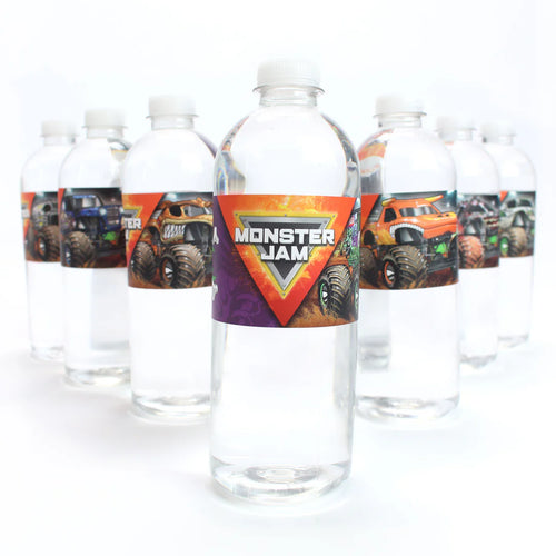 Set of water bottles with Monster Jam labels on a white background
