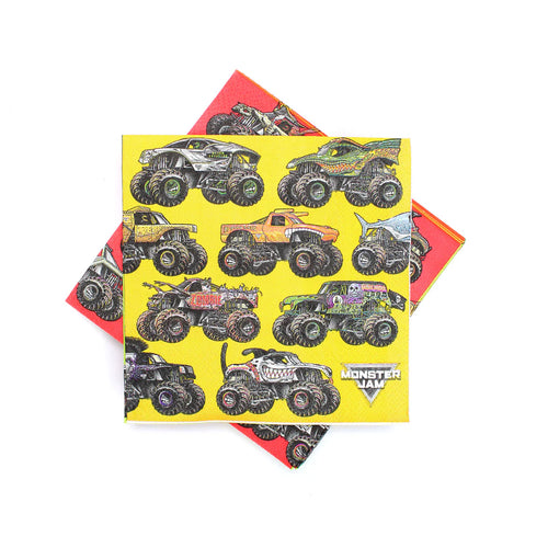 Monster truck-themed greeting cards with a yellow card featuring multiple truck designs on a white background.