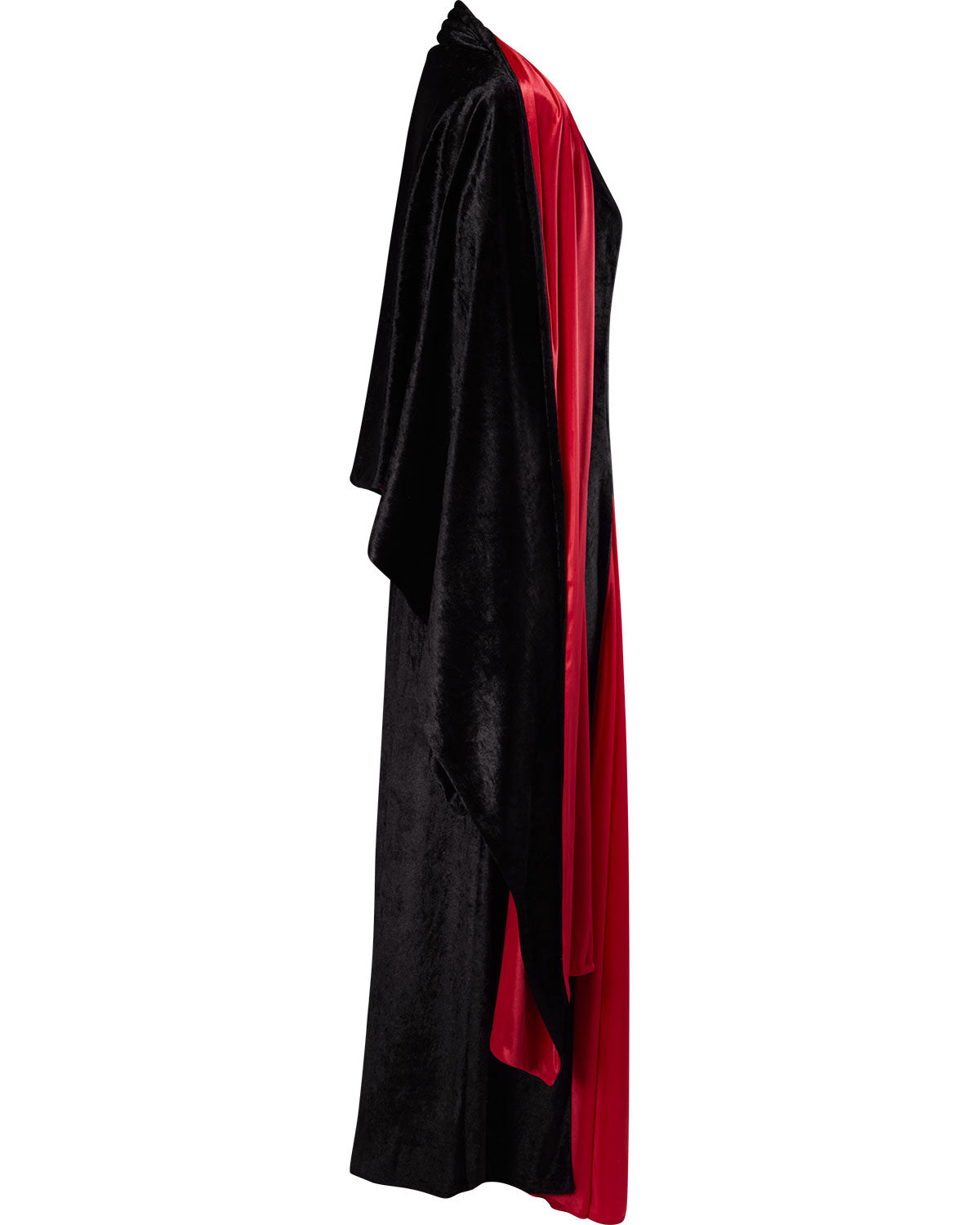 Black robe with red lining on a white background