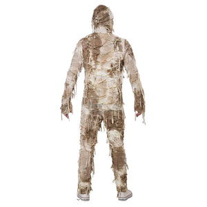 A person wearing a mummy costume viewed from the back, with the entire body covered in beige and brown faux bandages and strips, standing against a plain white background.