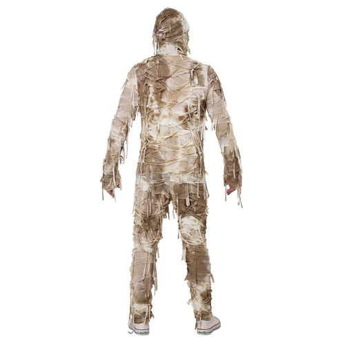 A person wearing a mummy costume viewed from the back, with the entire body covered in beige and brown faux bandages and strips, standing against a plain white background.