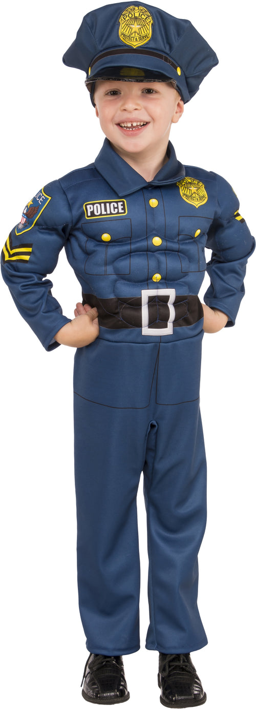 Child in a Top Cop Kids Costume, including a blue muscle padded jumpsuit and a hat with police badge detail.