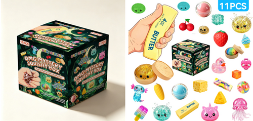 OMG Mystery Squishy Box toy set shown with its illustrated product box on the left and a collage of included squishy items on the right, including a butter-shaped item, fruit-shaped pieces, round characters, and a small box, with a 11PCS badge.