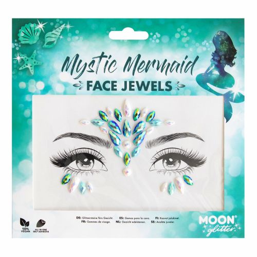 Mystic Mermaid face jewels packaging with mermaid design and product display.