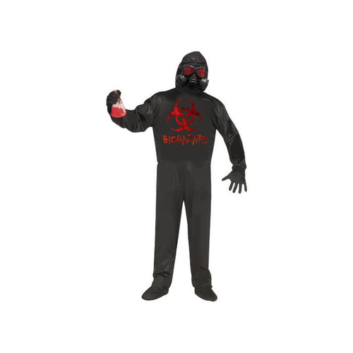 A person modeling a black hooded costume with red biohazard-style graphic print on the chest and red-tinted goggles, standing against a plain white background.