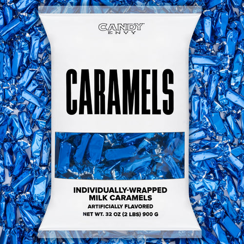 Bag of individually-wrapped milk caramels with blue candy pieces in the background