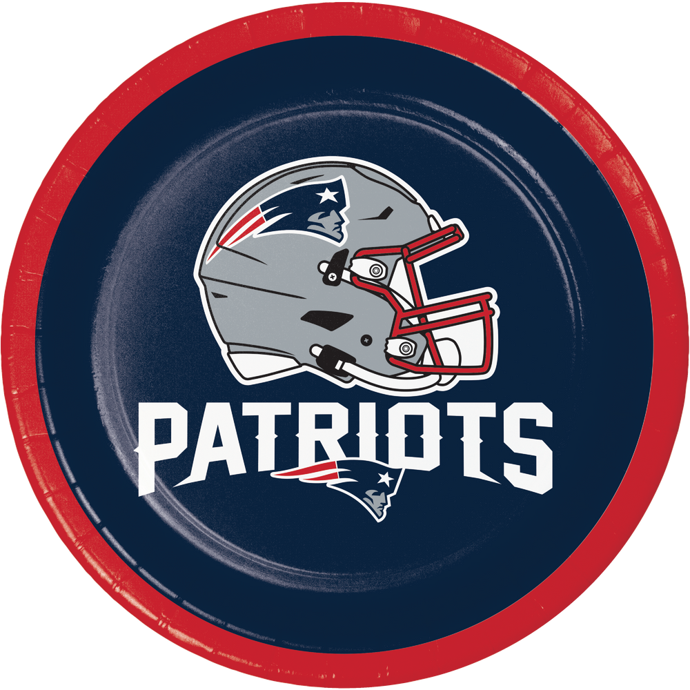 Paper plate with New England Patriots helmet and 'Patriots' text on a blue background