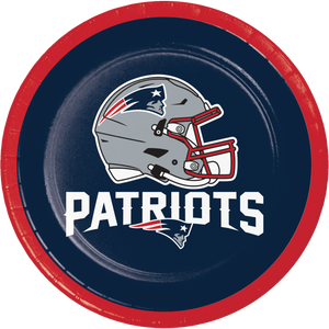 Paper plate with New England Patriots helmet and 'Patriots' text on a blue background
