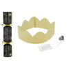 New Year's Eve party supplies including a black cracker, gold paper crown, and a card on a white background.