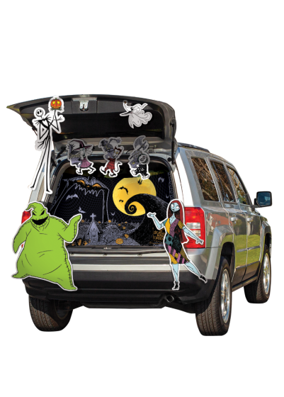 Car trunk with Halloween-themed decorations featuring cartoon characters.