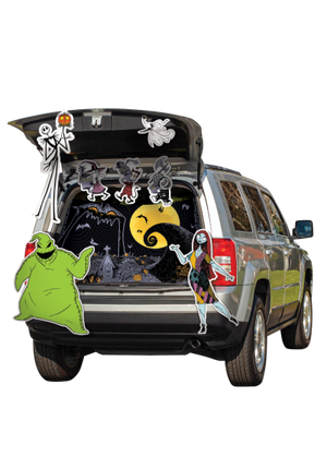 Car trunk with Halloween-themed decorations featuring cartoon characters.