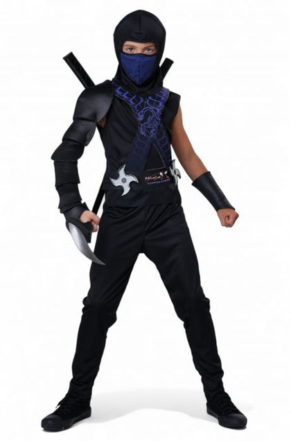 Person wearing a black ninja costume with a blue mask on a white background