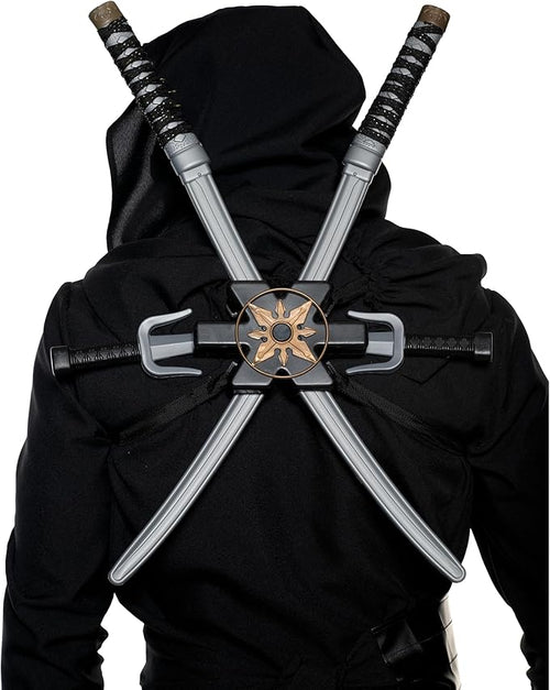 Person wearing a black hooded outfit with crossed swords on a white background