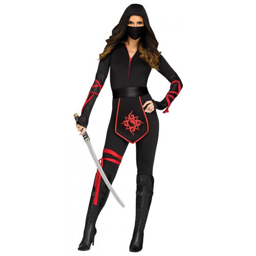 Person wearing a black and red ninja costume with a sword on a white background