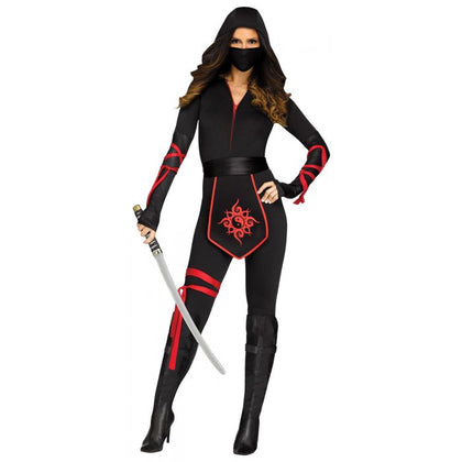 Person wearing a black and red ninja costume with a sword on a white background