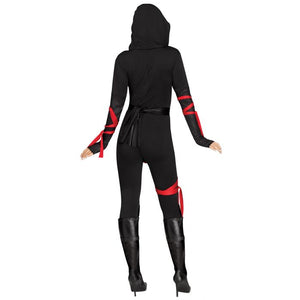 Black and red costume with hood on a white background