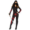 Person wearing a black and red ninja costume with a sword on a white background